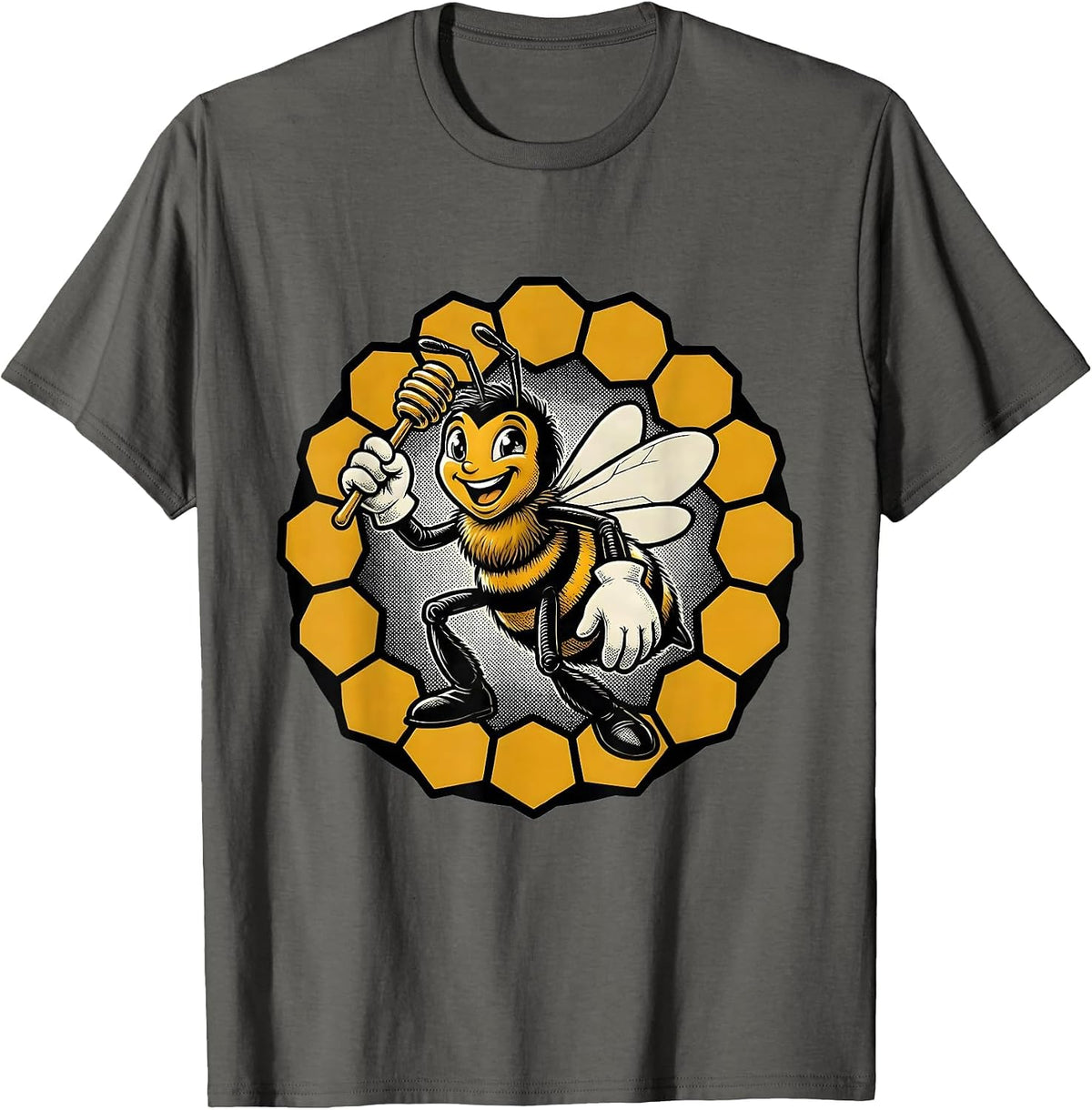Men's Retro Cartoon Honeybee Character Novelty Humor T-Shirt - Asphalt Grey