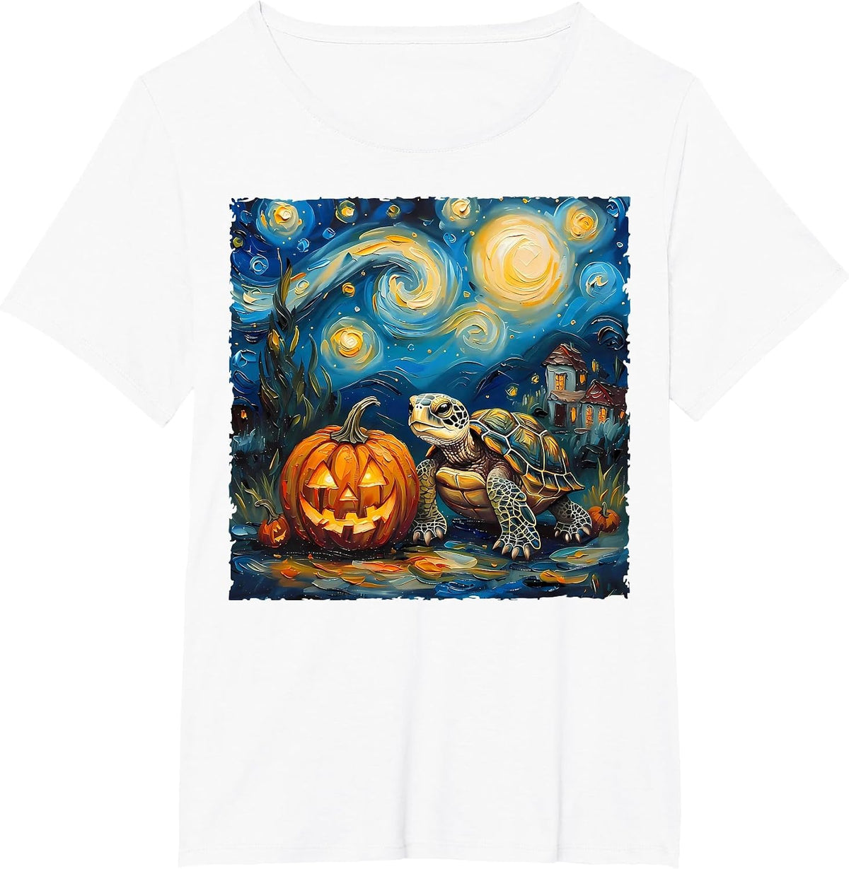 Turtle Pumpkin Van Gogh Starry Night Style Artwork Halloween T-Shirt - White