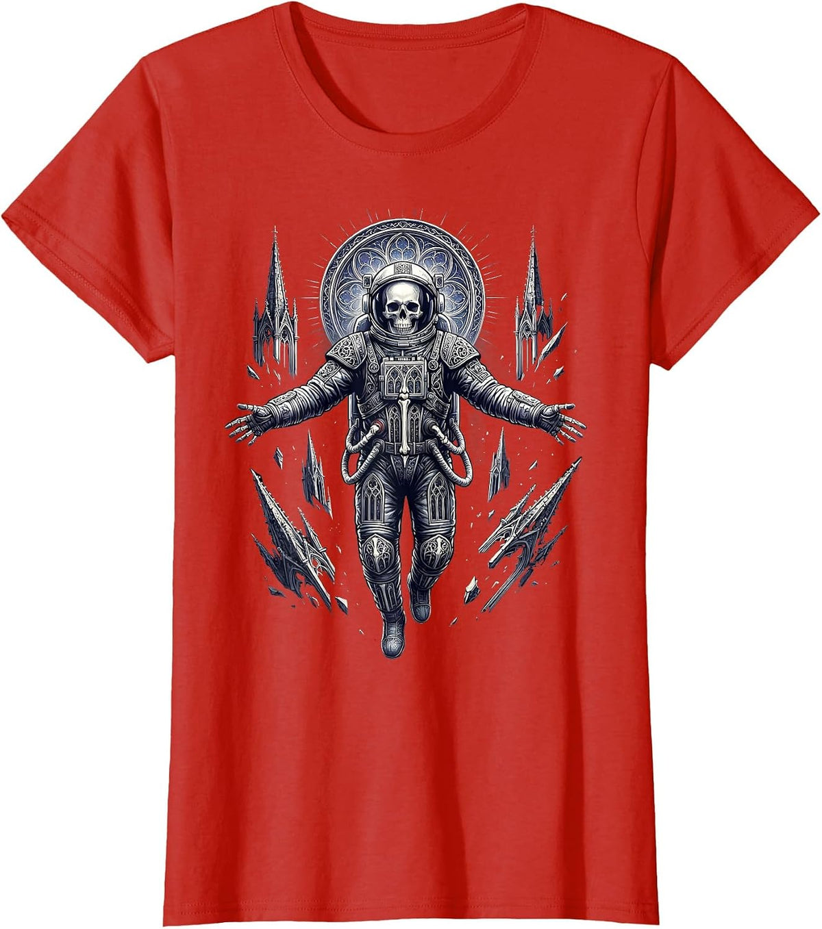 Skeleton Astronaut Floating in Deep Space T-Shirt - Red