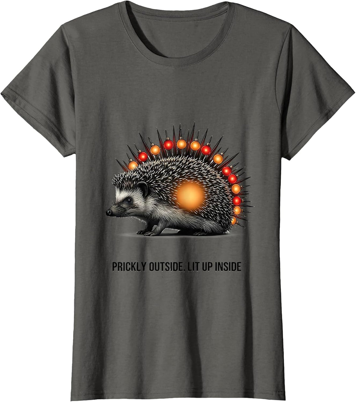 Women's Prickly Outside, Lit Up Inside Cute Hedgehog Christmas T-Shirt - Asphalt Grey
