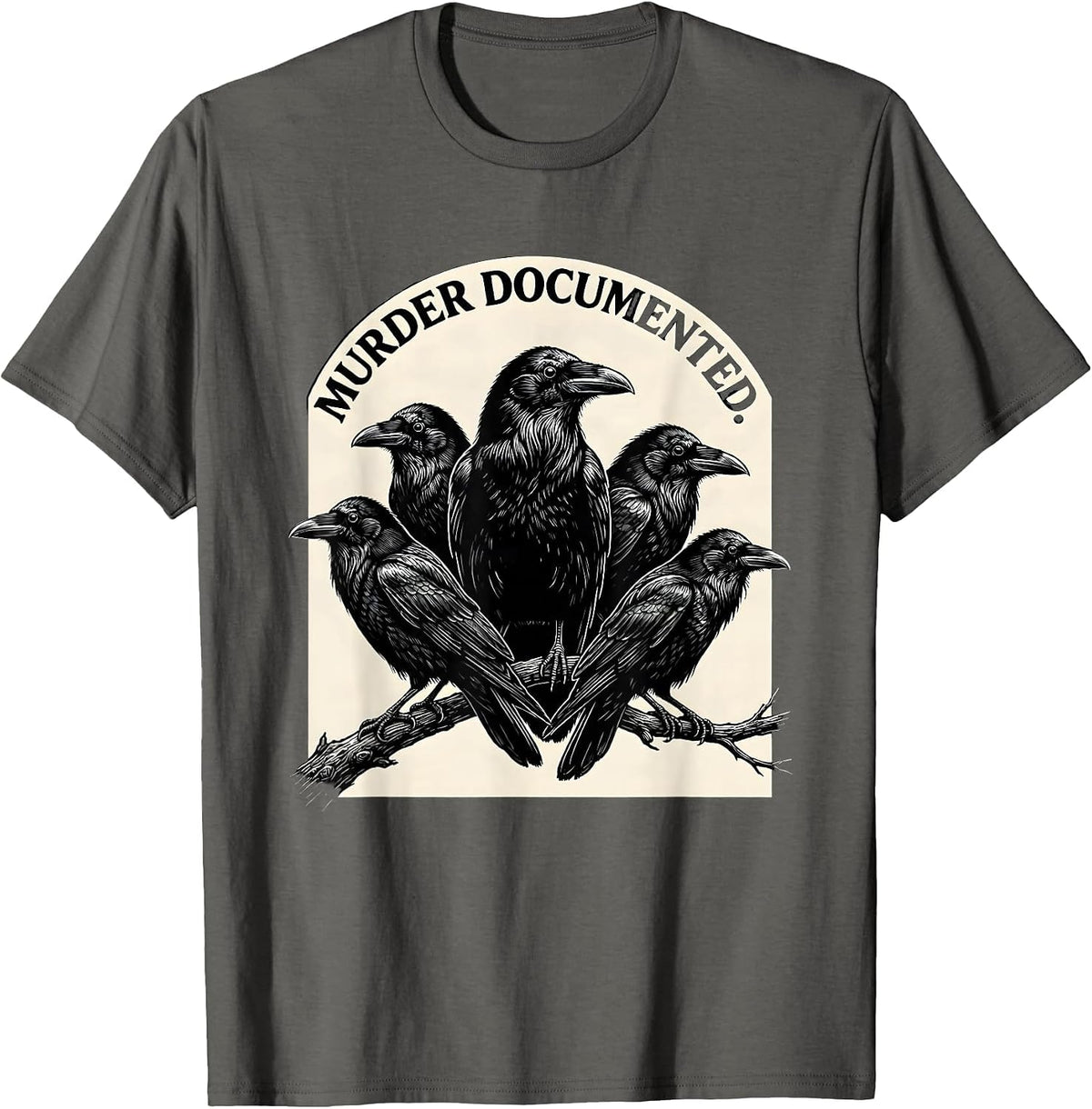 Men's Murder Documented Scratchboard Crow Raven Dark Humor Gothic T-Shirt - Asphalt Grey