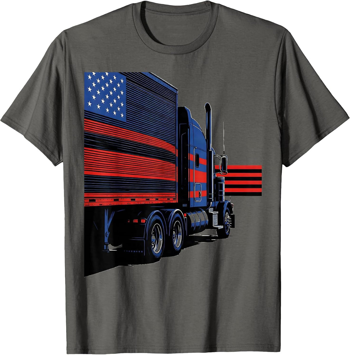 Semi Truck American Flag Patriotic Trucker Driver T-Shirt - Asphalt Grey