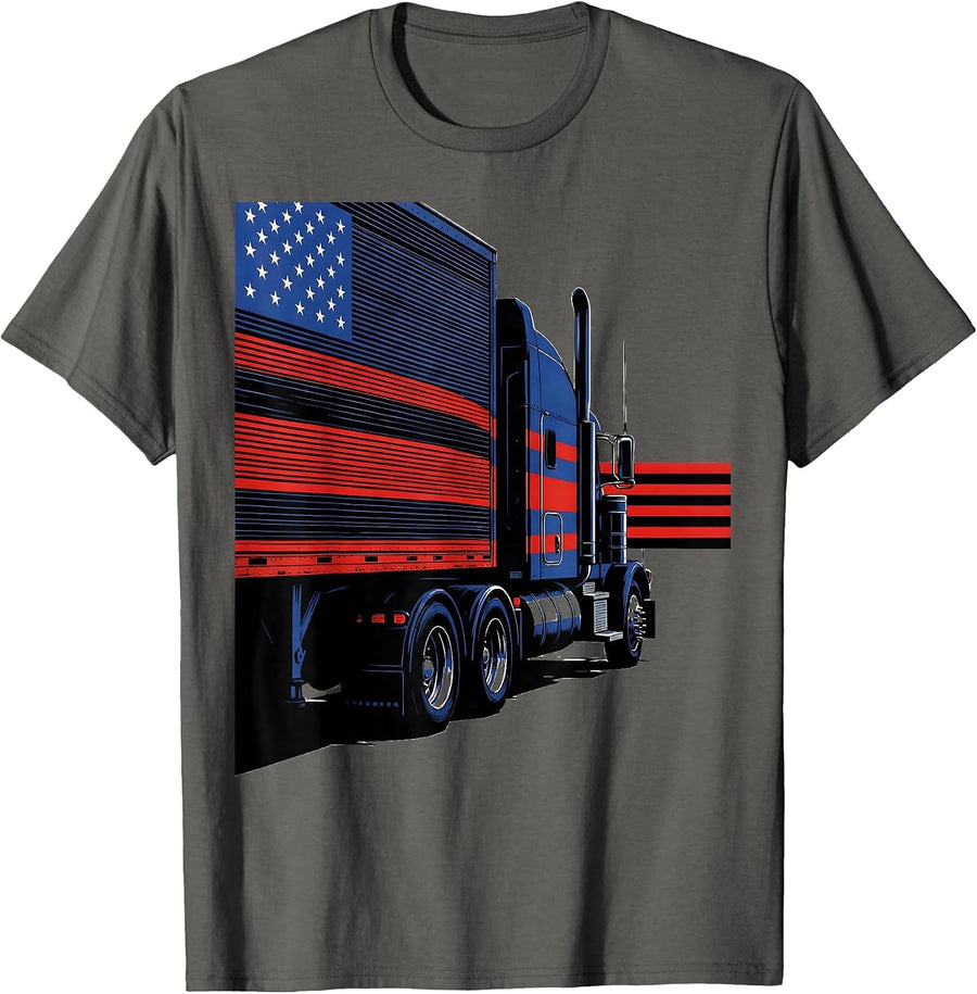 Semi Truck American Flag Patriotic Trucker Driver T-Shirt - Asphalt Grey