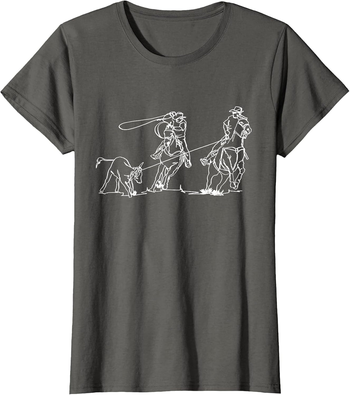 Team Roping Rodeo Cowboy Western Country One Line Art T-Shirt - Asphalt Grey
