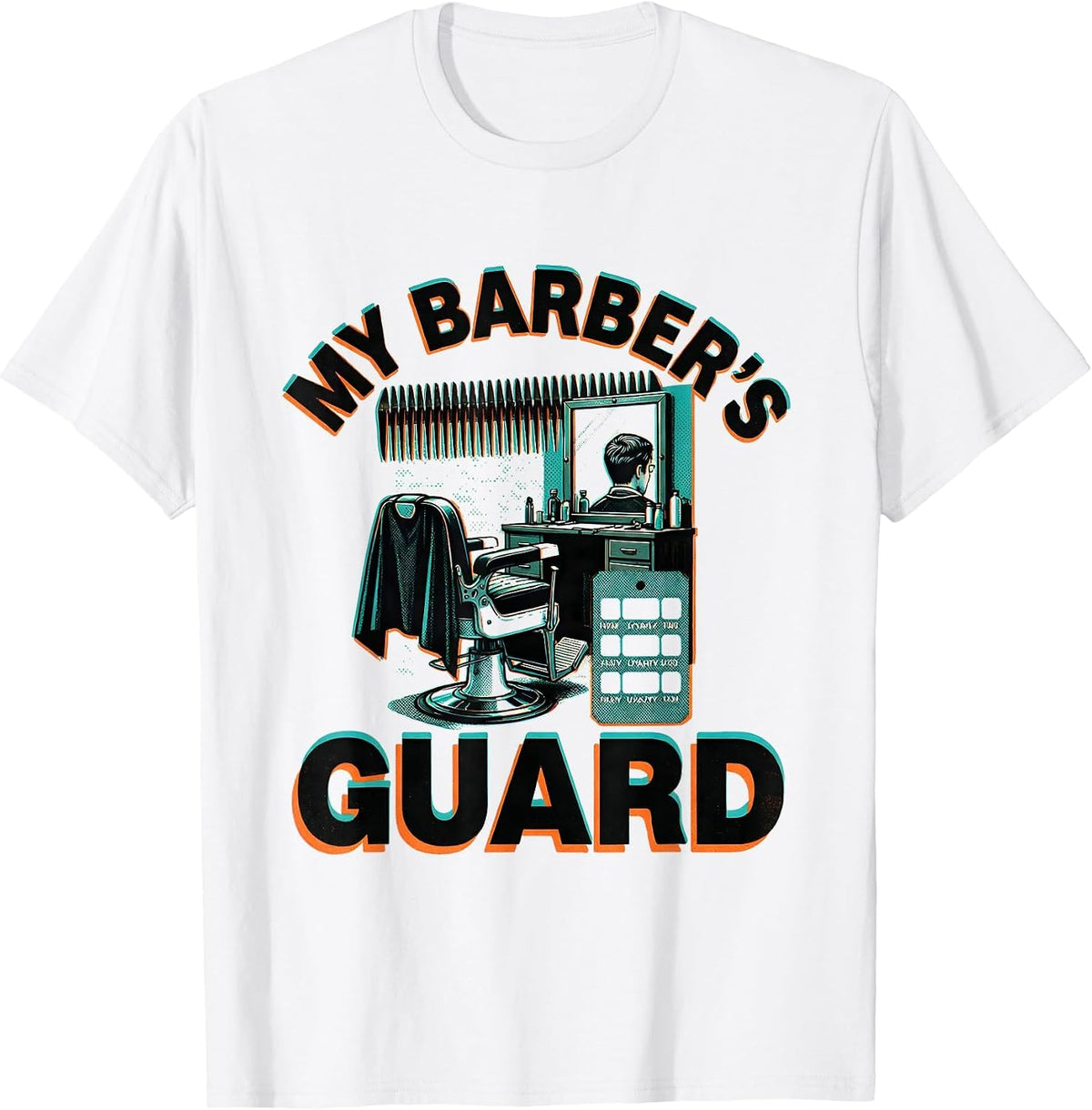 Men's My Barber's Guard Risograph Barber Humor Salon Professional T-Shirt - White