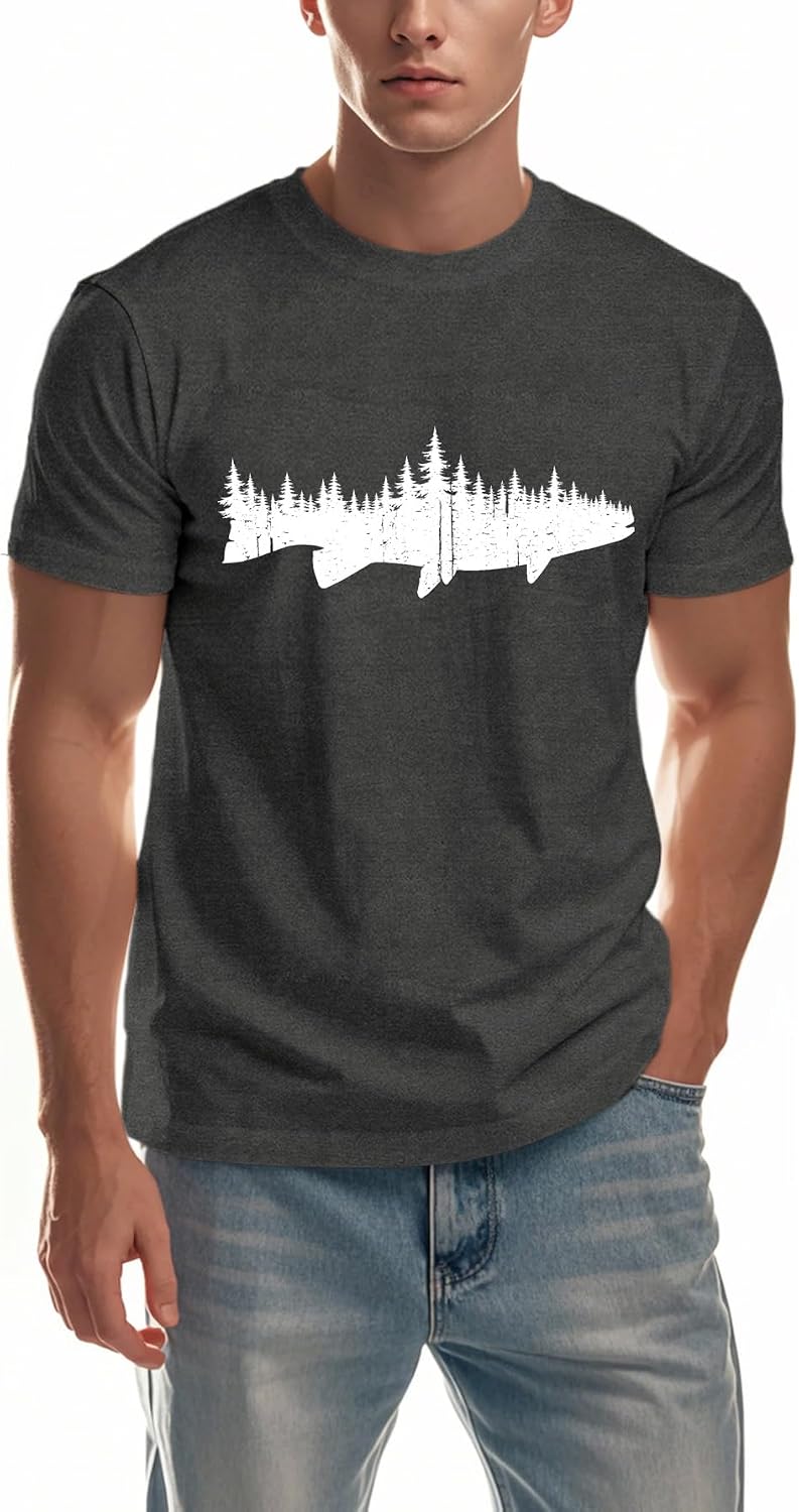 Mens Fishing Shirt Forest Trout Outdoor Fishing Camping Casual Tee - Grey