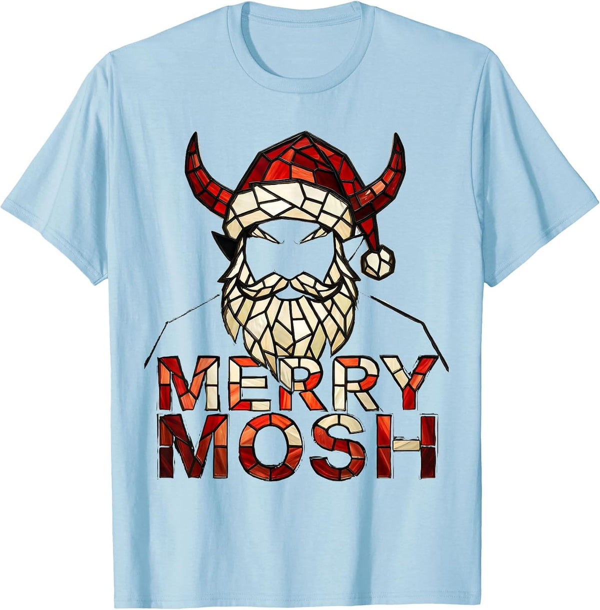 Men's Merry Mosh Stained Glass Heavy Metal Santa Parody Christmas T-Shirt - Baby Blue