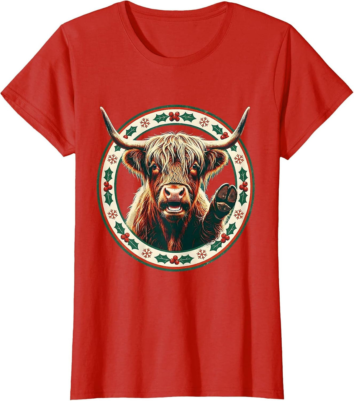 Highland Cow Holiday Badge Christmas Farm Animal Fan T-Shirt - Red