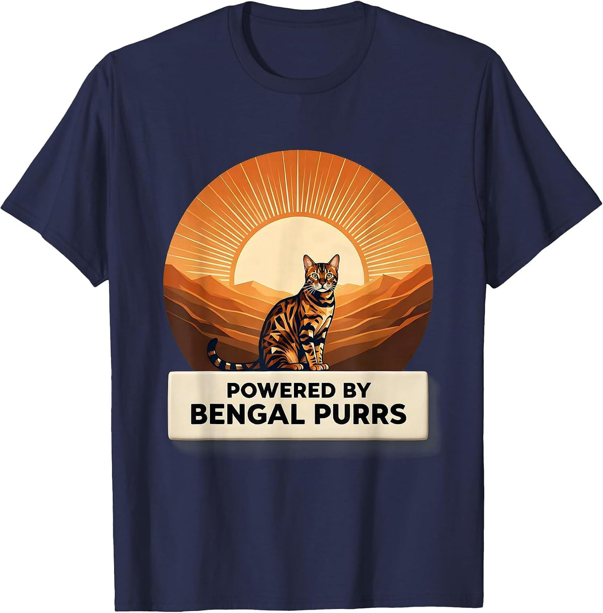 Powered by Bengal Purrs Cat Lover Design T-Shirt - Navy Blue