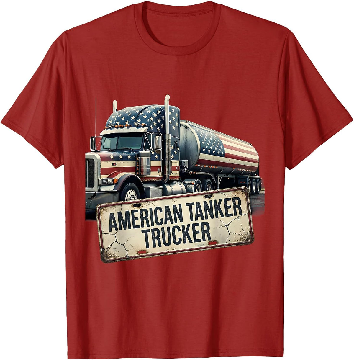 Men's American Tanker Trucker Distressed Patriotic Semi Driver T-Shirt - Cranberry Red
