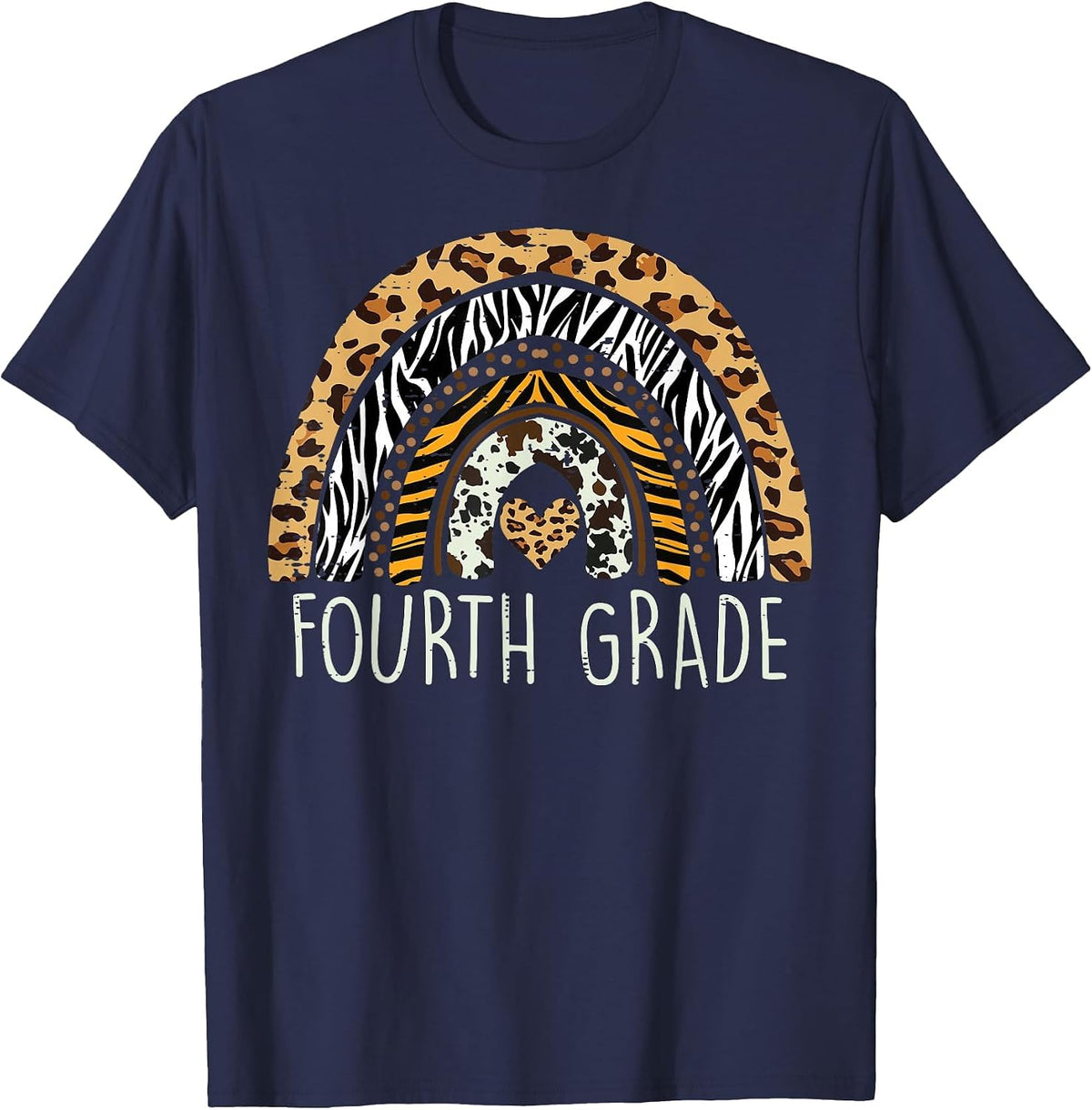 Animal Pattern Rainbow 4th Fourth Grade First Day of School T-Shirt - Navy Blue