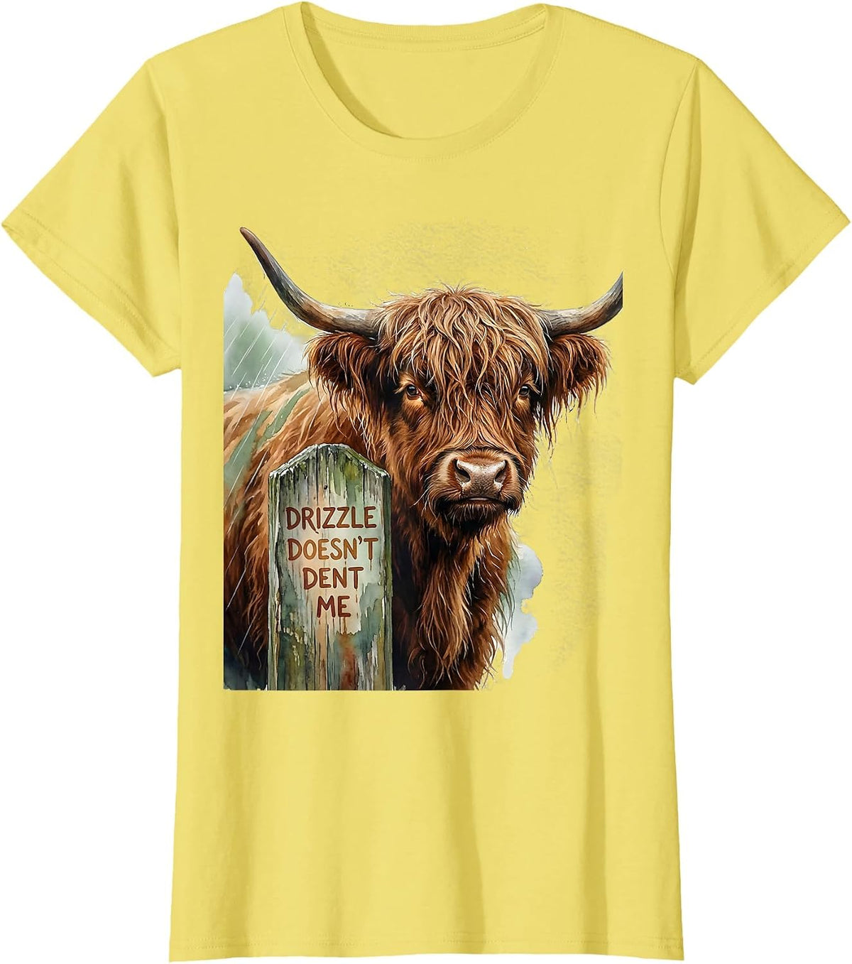 Drizzle Doesn't Dent Me Cute Highland Cow Scottish Humor T-Shirt - Lemon Yellow