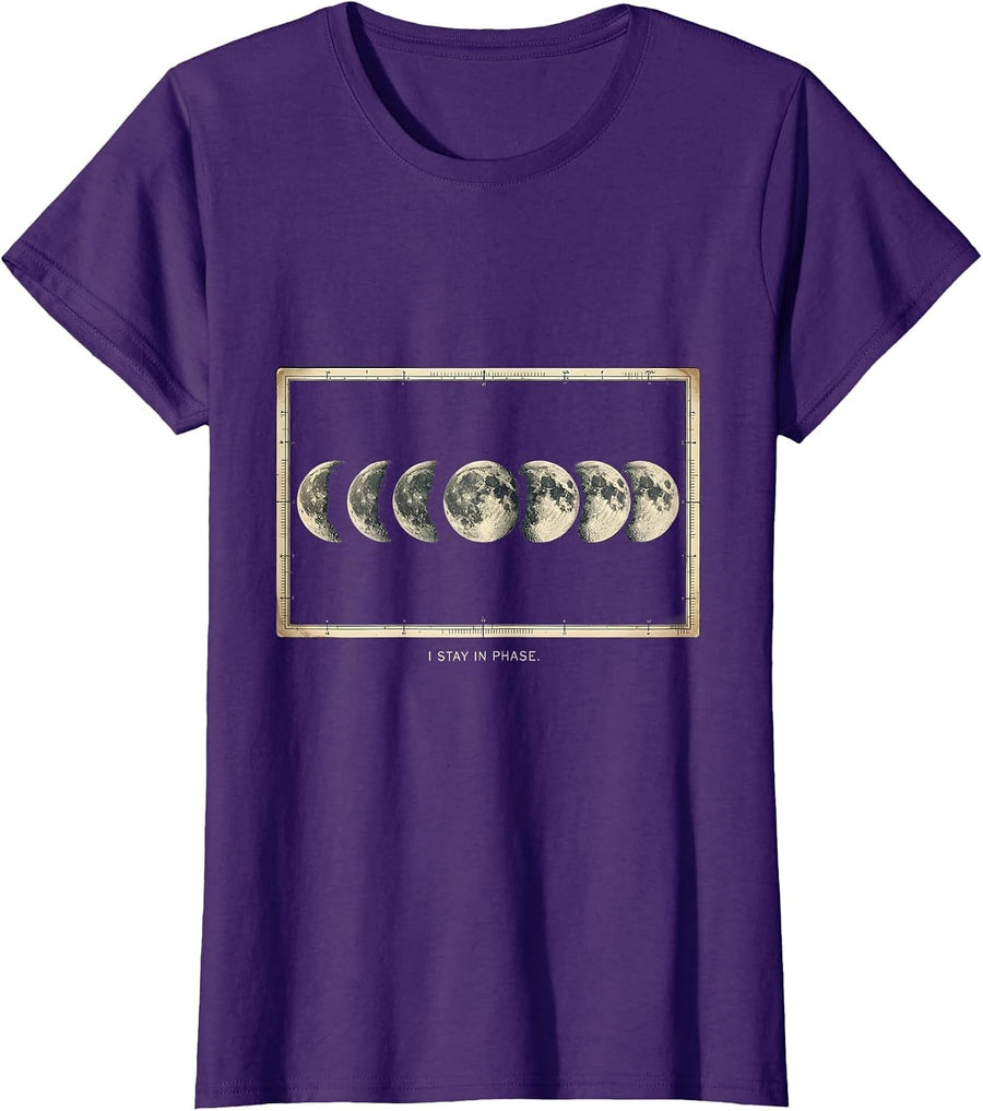 Women's I Stay In Phase Vintage Lunar Phase Astronomy Graphic T-Shirt - Purple