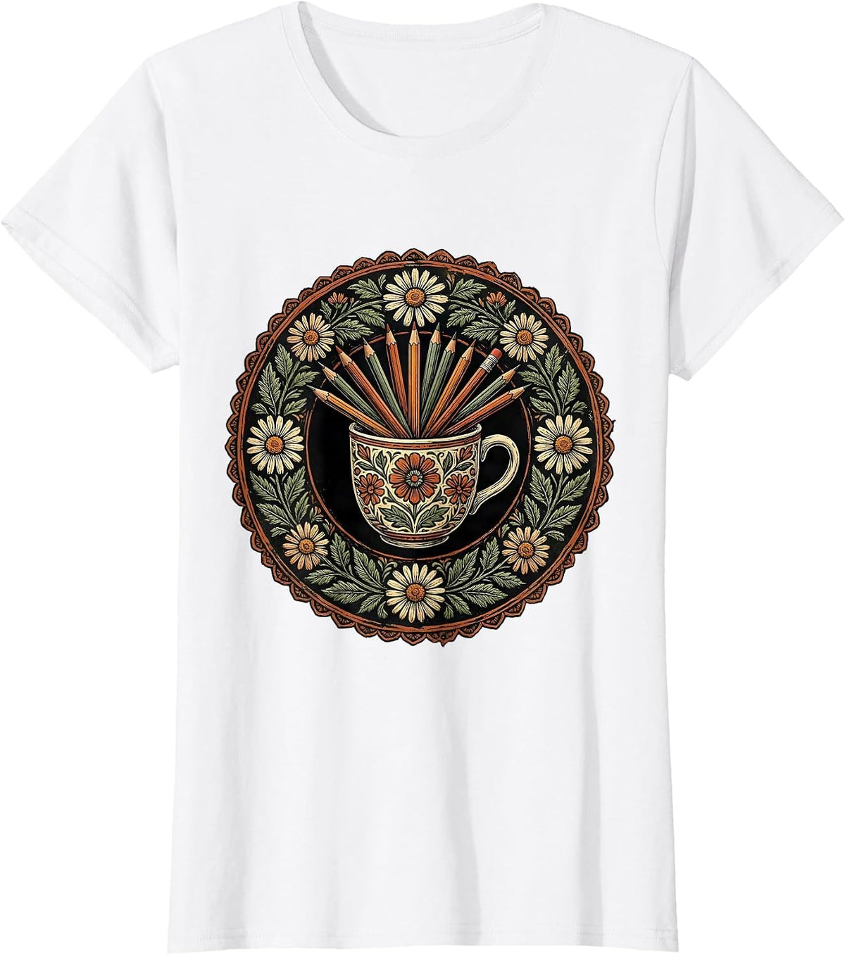 Women's Elementary Teacher Coffee Mug Pencils Graphic T-Shirt - White