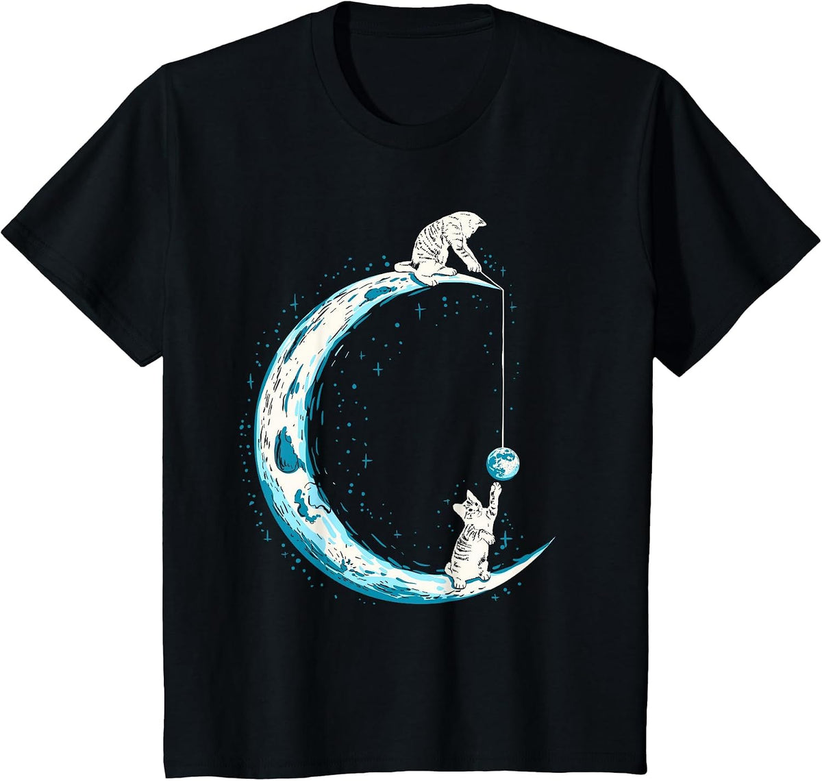 Cats Playing in Space Word Moon Kitten Cat Lover T-Shirt - Black