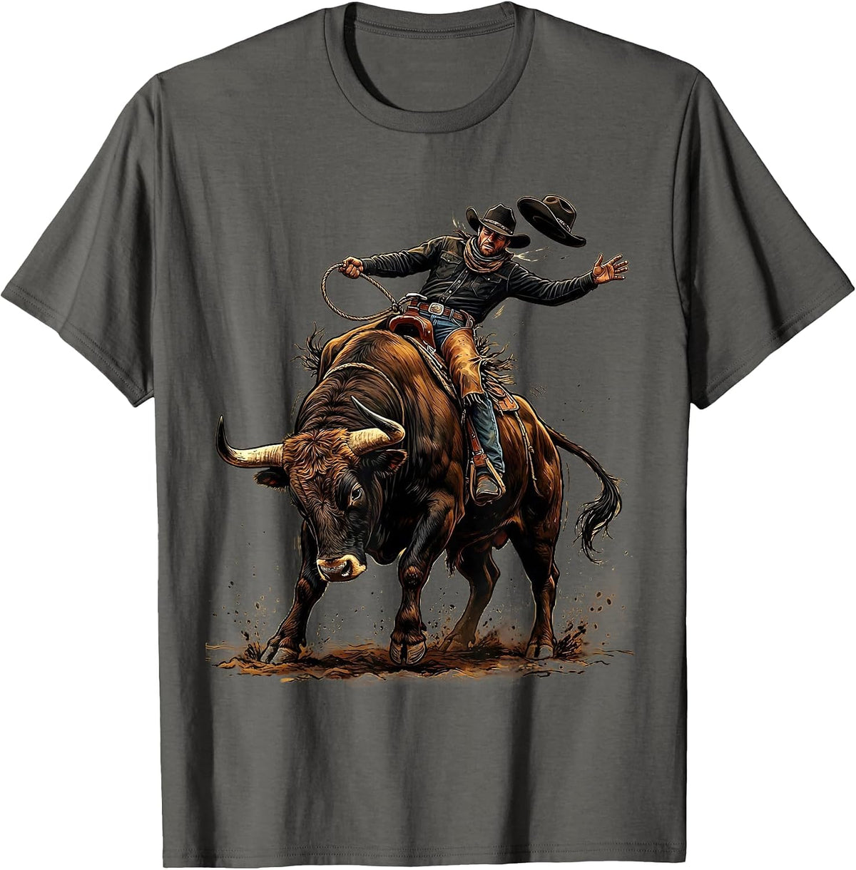Black Cowboy Bull Riding Graphic Tee T-Shirt - Asphalt Grey