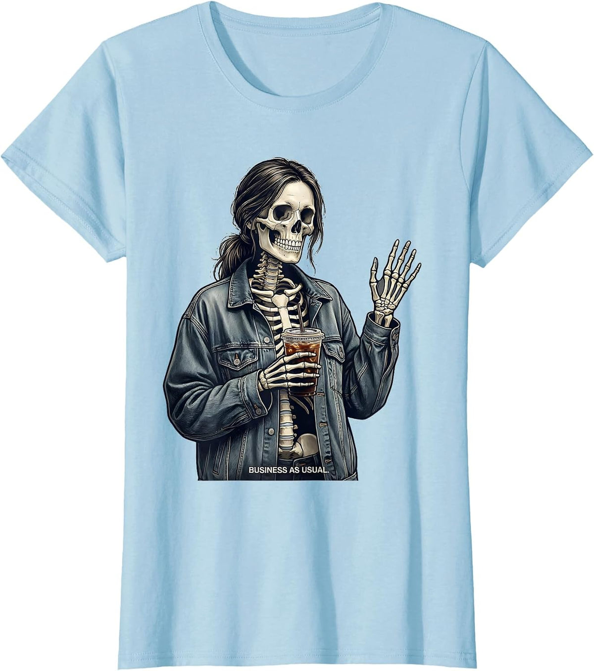 Women's Business As Usual Funny Skeleton Coffee Drinking Halloween T-Shirt - Baby Blue