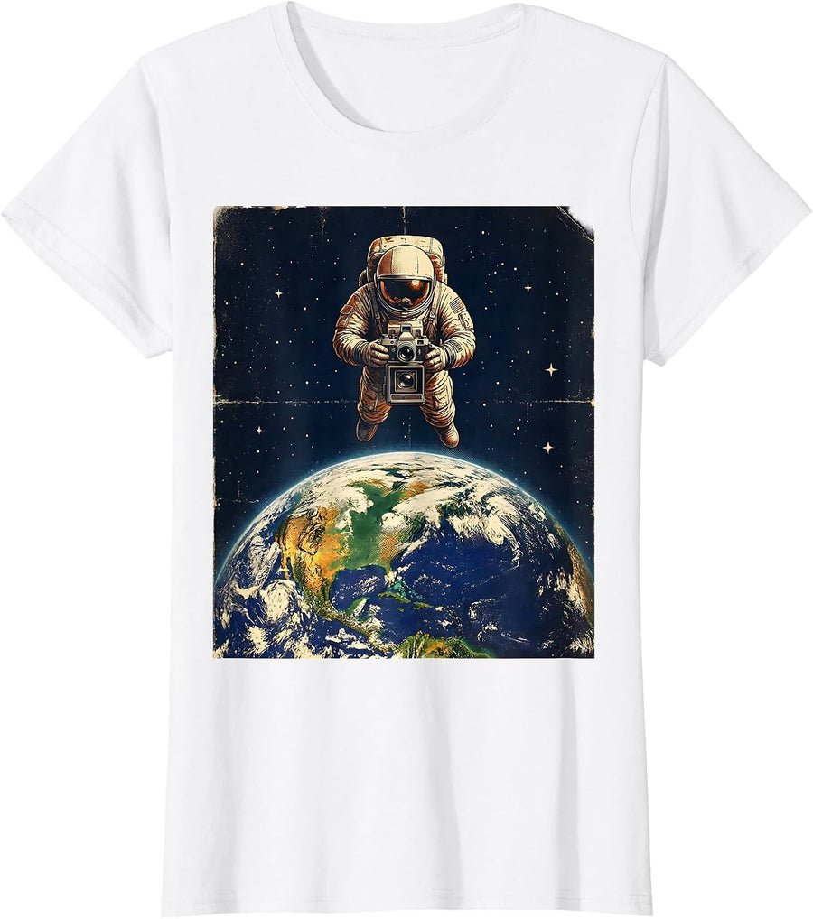 Women's Astronaut Photographer Floating Earth Space Art T-Shirt - White