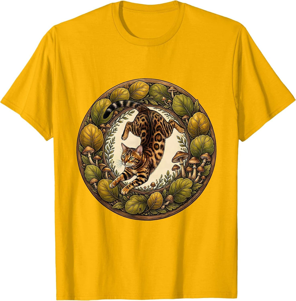 Bengal Cat Leaping Through Jungle Leaves T-Shirt - Golden Yellow