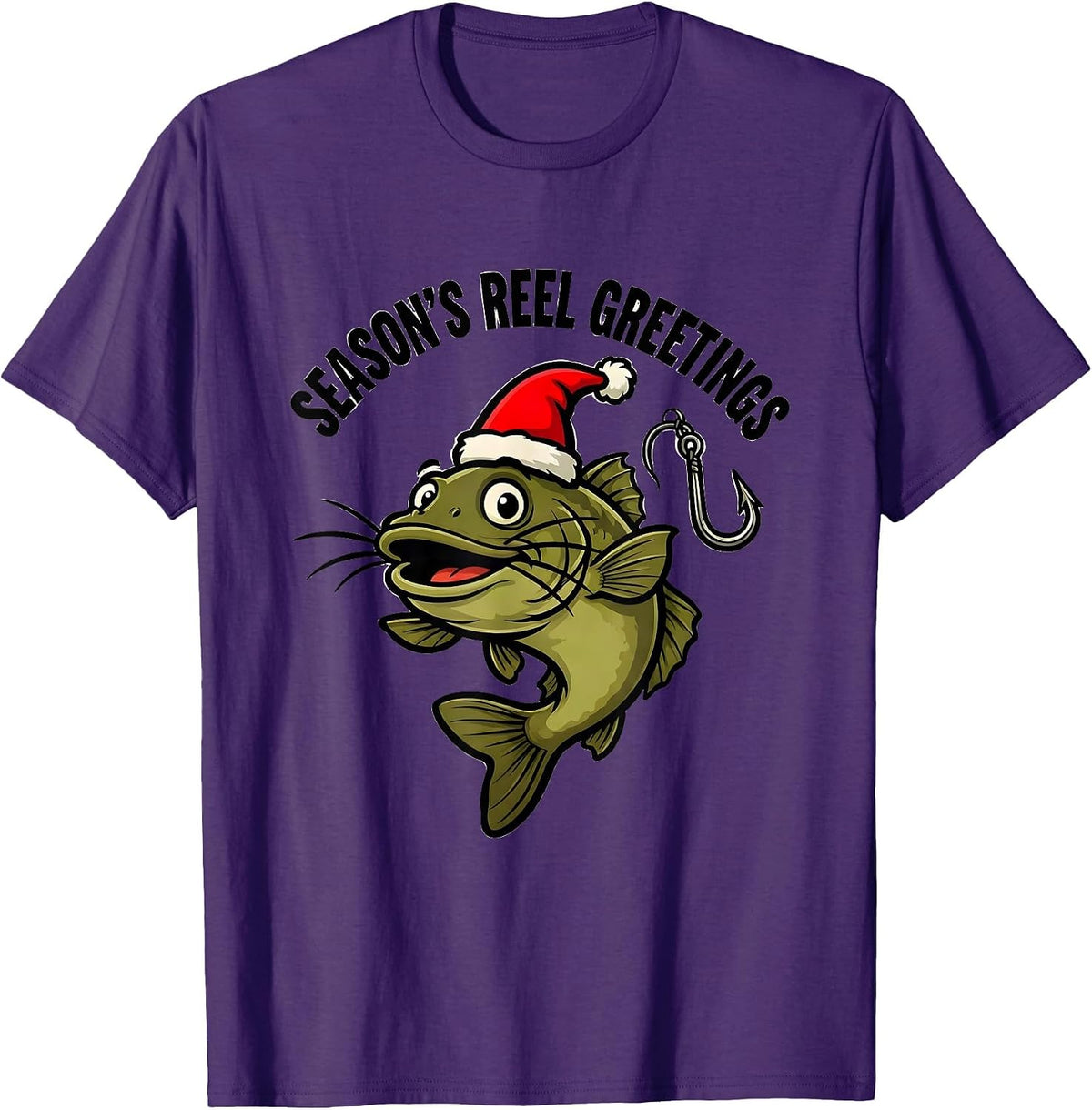 Season's Reel Greetings Cartoon Fishing Christmas Funny T-Shirt - Purple