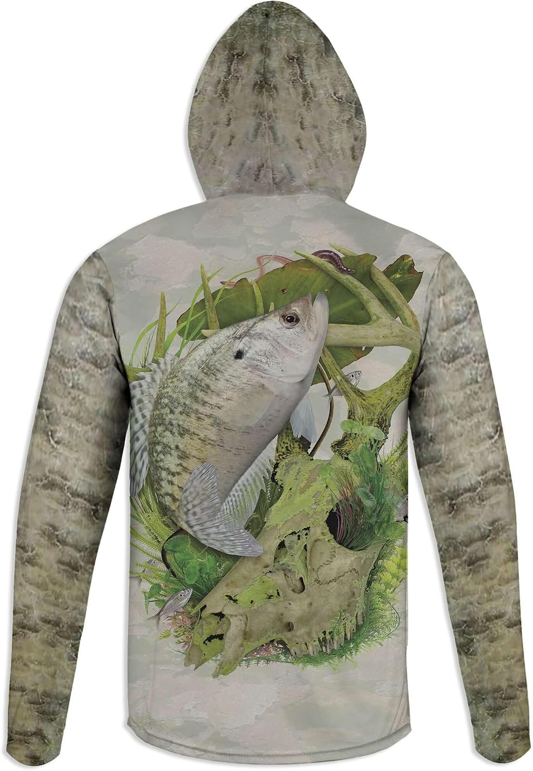 White Crappie - Unisex Long Sleeve Sun Proof Performance Fishing Top with Built in Hoodie and Gaiter - Long Sleeve