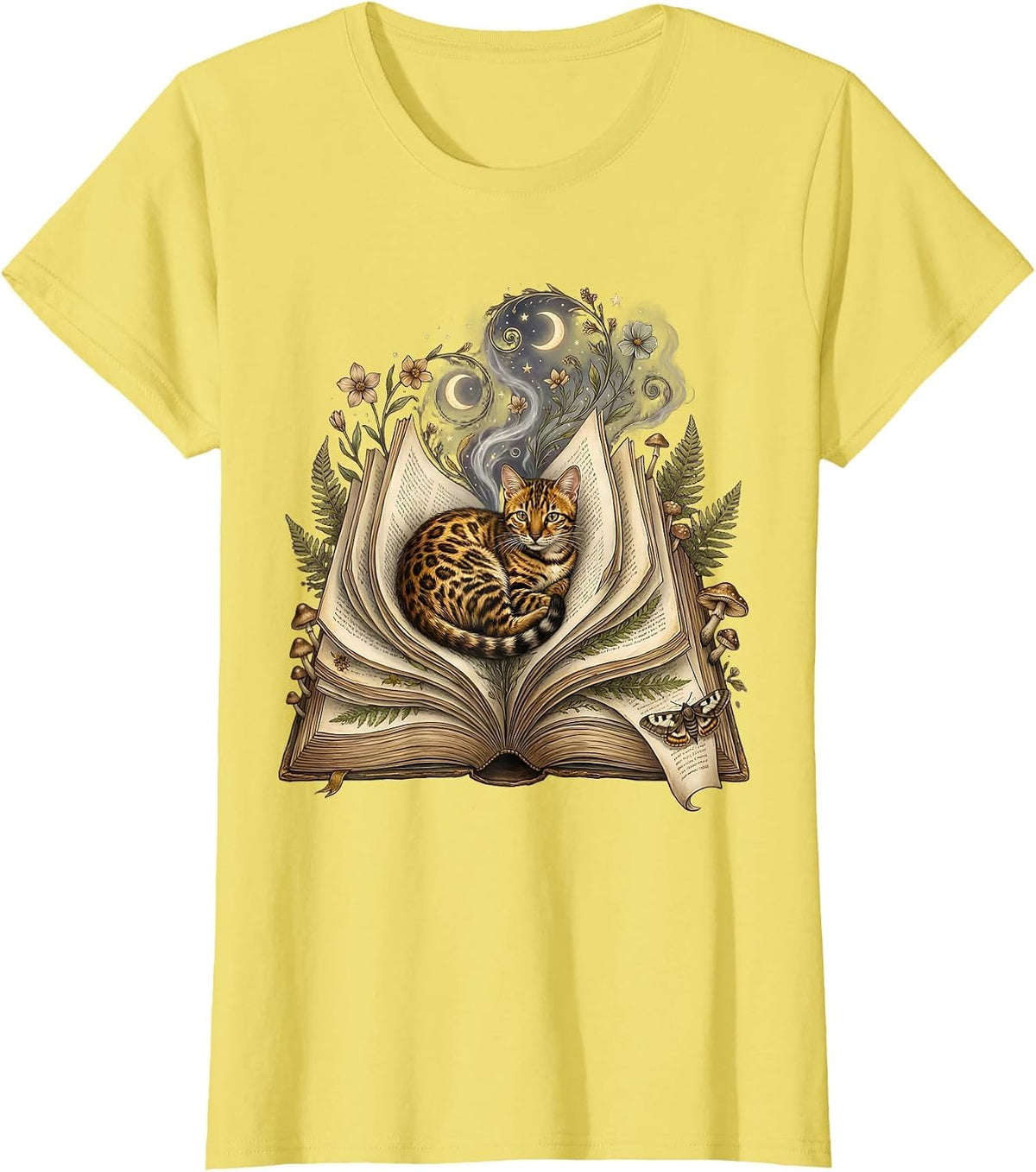 Bengal Cat Reading Magic Book Lover Gift T-Shirt - Lemon Yellow