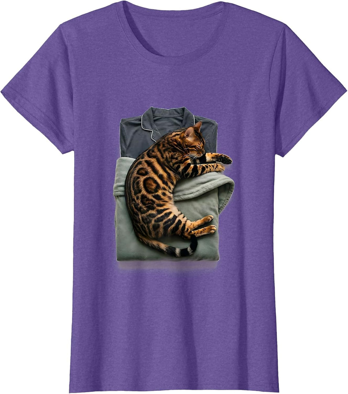 Women's Sleeping Bengal Cat Minimalist Pet Owner Pajama Humor T-Shirt - Purple Heather
