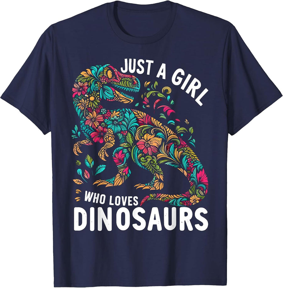 Cute Floral Just A Girl Who Loves Dinosaurs T-Shirt - Navy Blue