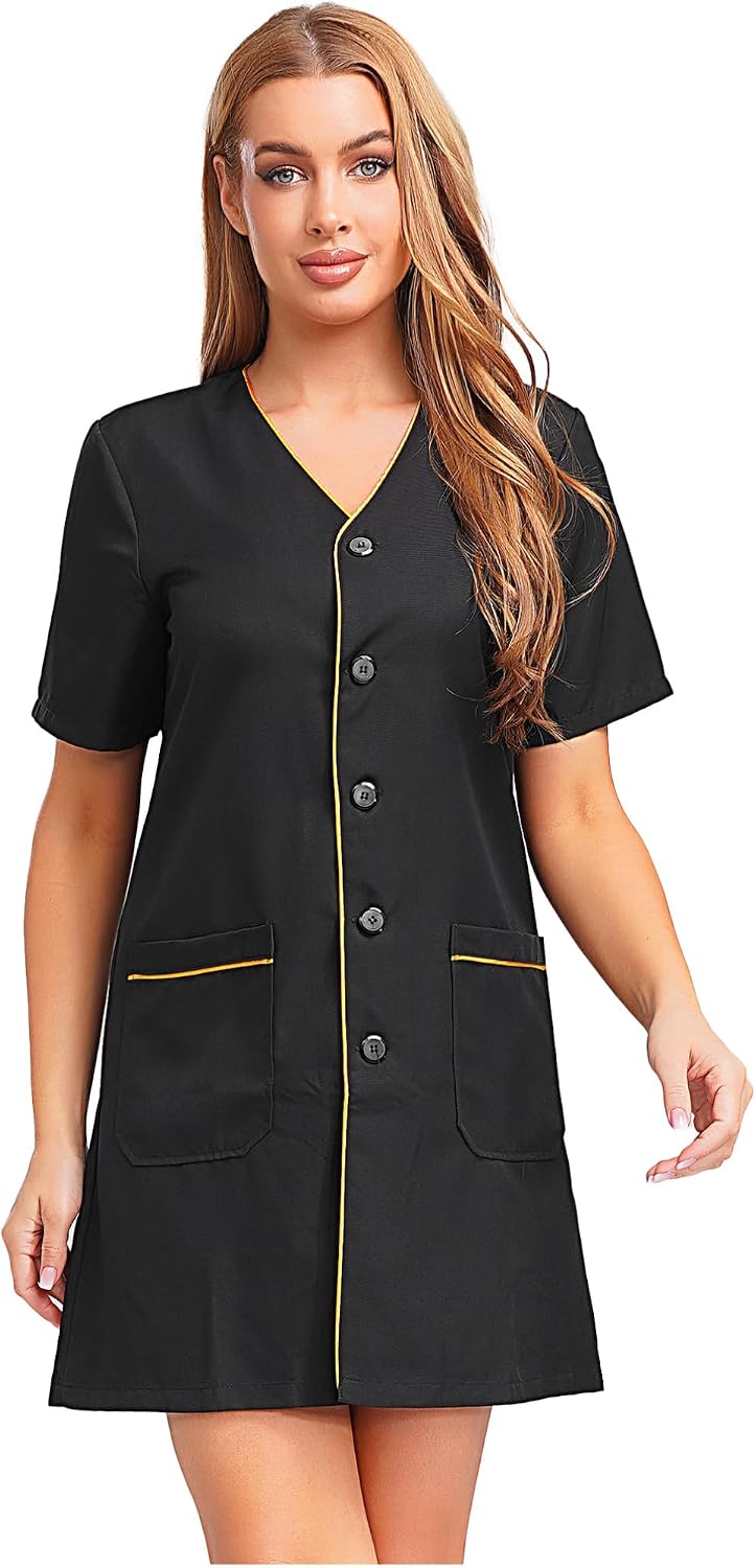 Agoky Womens Short Sleeve Salon Hairstylist Haircut Coat V Neck Beautician Barber Work Shirt Uniform - Black