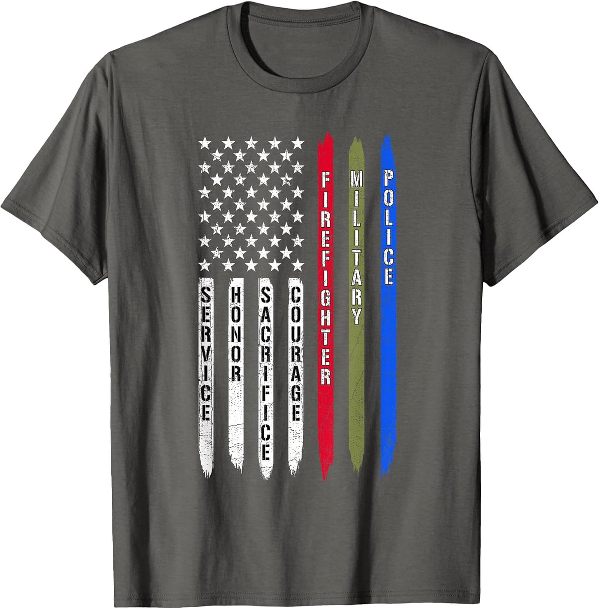 Police Military Fire Firefighter Thin Line USA American Flag T-Shirt - Asphalt Grey