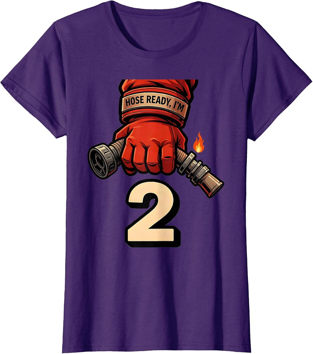 Women's Hose Ready I'm 2 Cartoon Firefighter Glove Kids Birthday T-Shirt - Purple