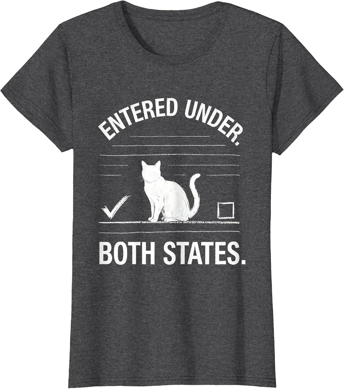 Women's Entered Under Both States Funny Physics Nerd Cat Lover T-Shirt - Dark Heather Grey