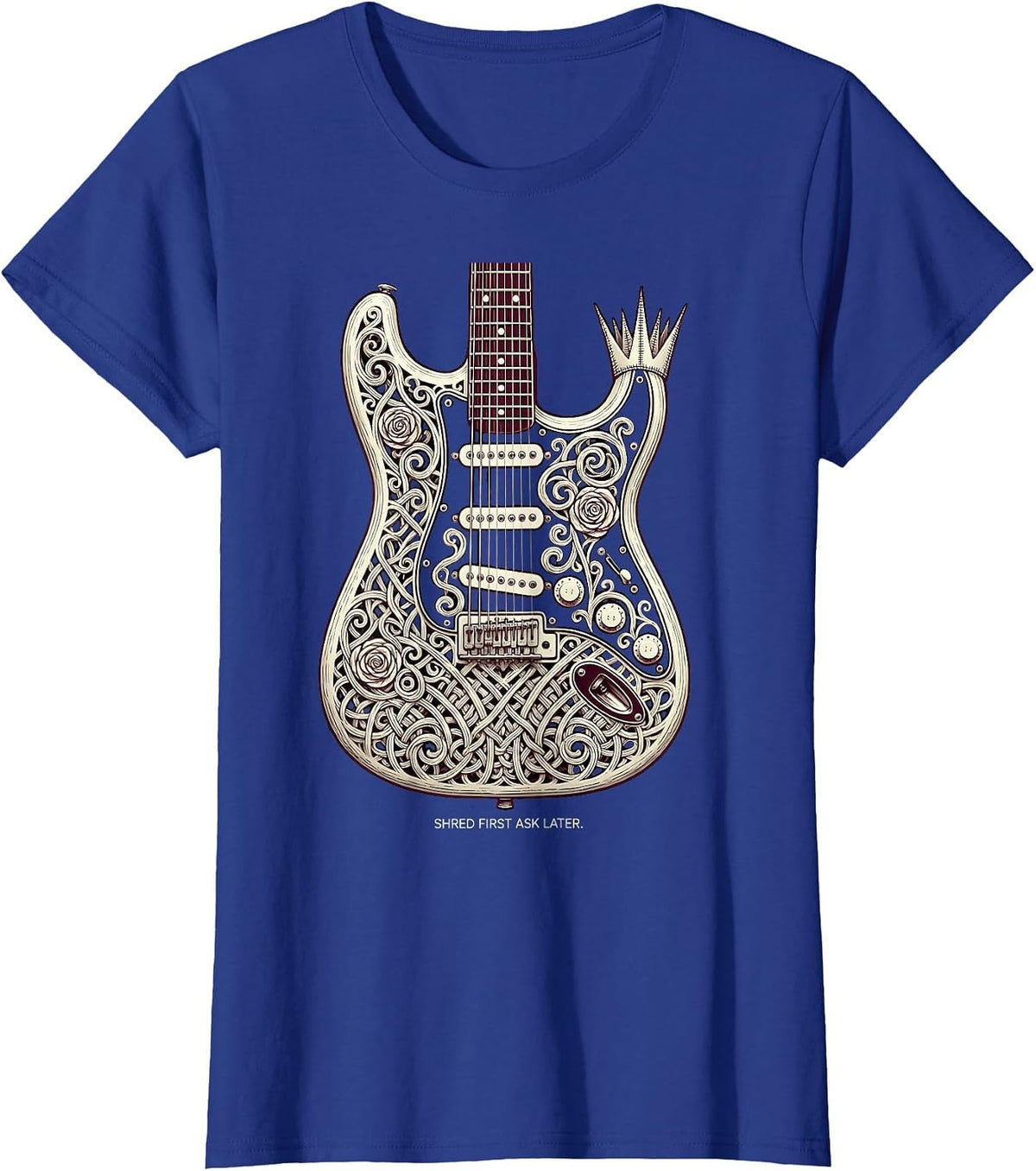 Women's Shred First Ask Later Heavy Metal Guitar Design T-Shirt - Royal Blue