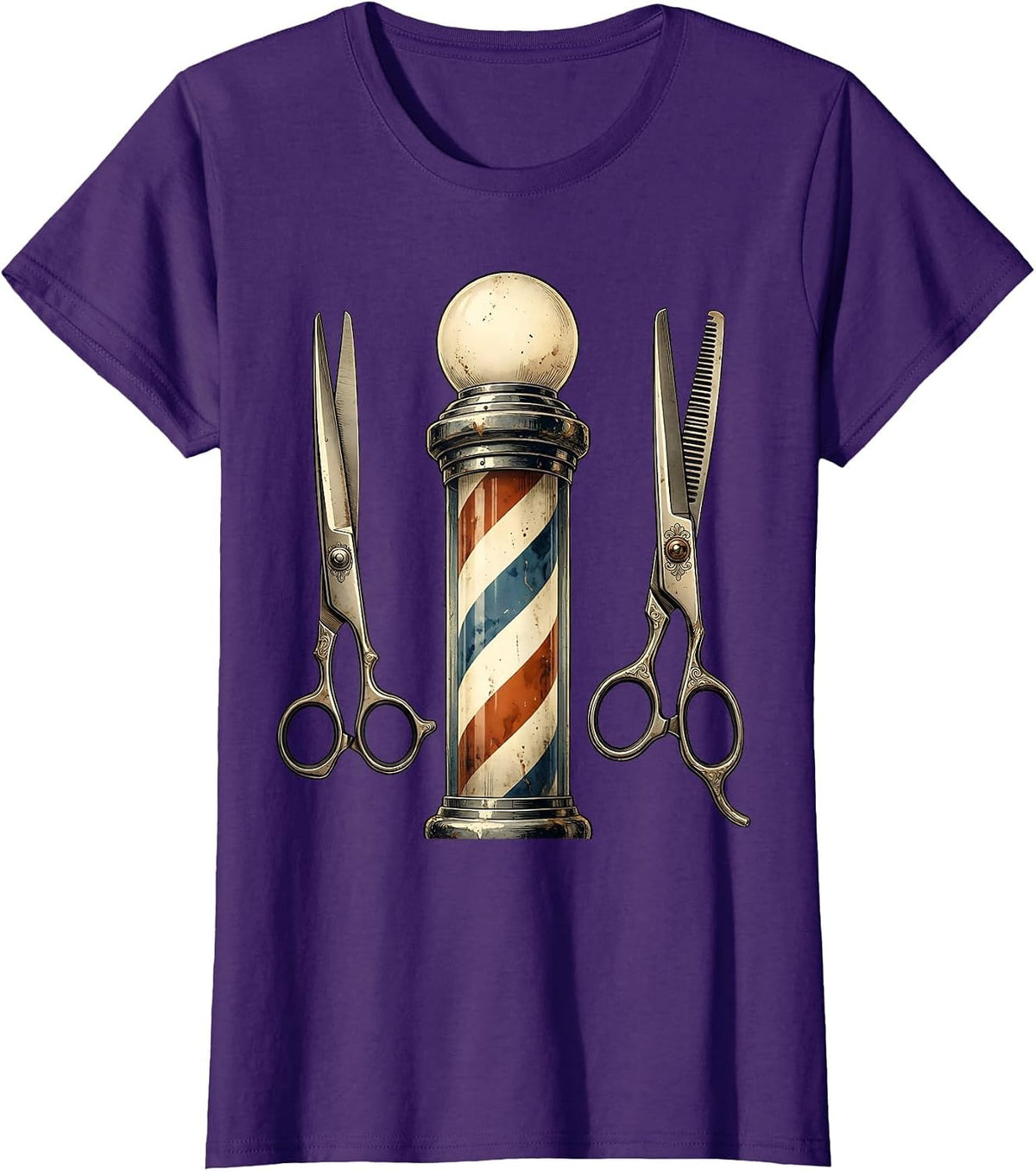 Women's Vintage Barber Pole and Scissors Illustration T-Shirt - Purple