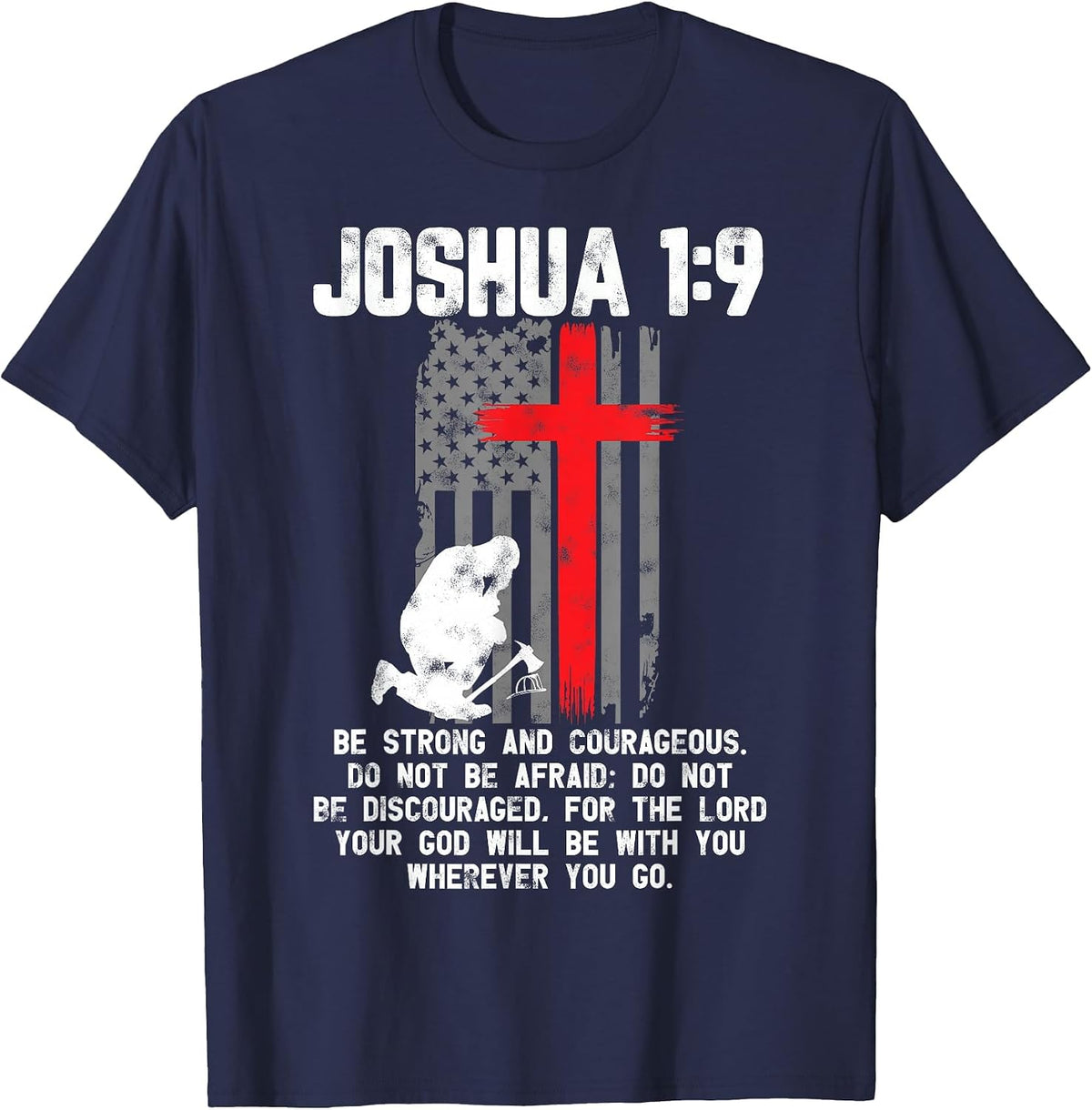 Thin Red Line Firefighter Cross Bible Verse Christian T-Shirt - Navy Blue