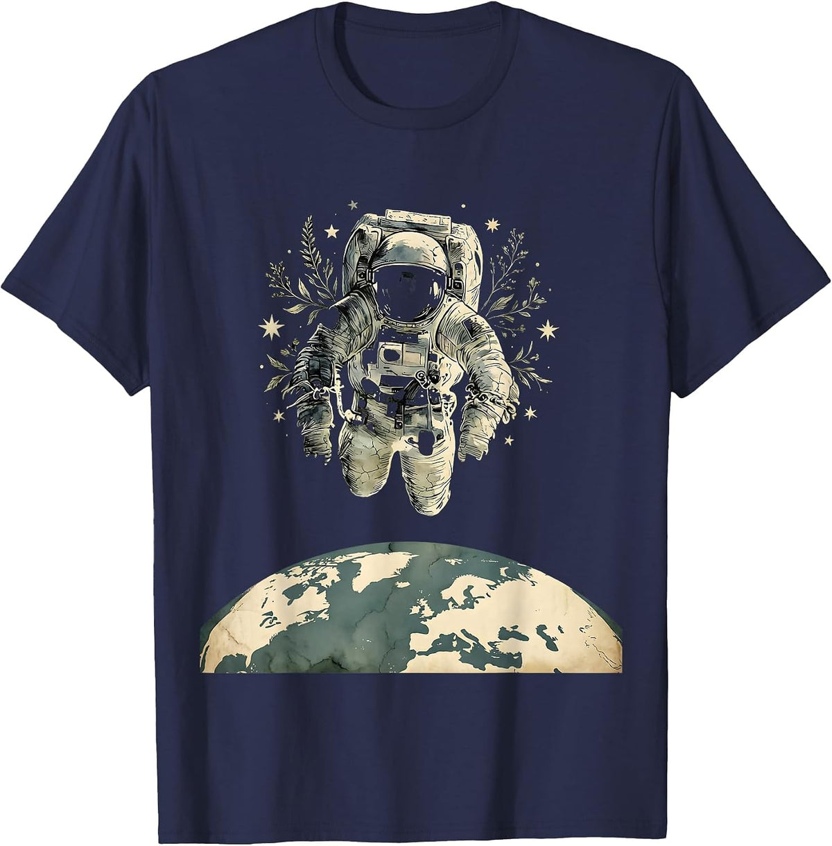 Astronaut Floating Above Earth Space Illustration T-Shirt - Navy Blue