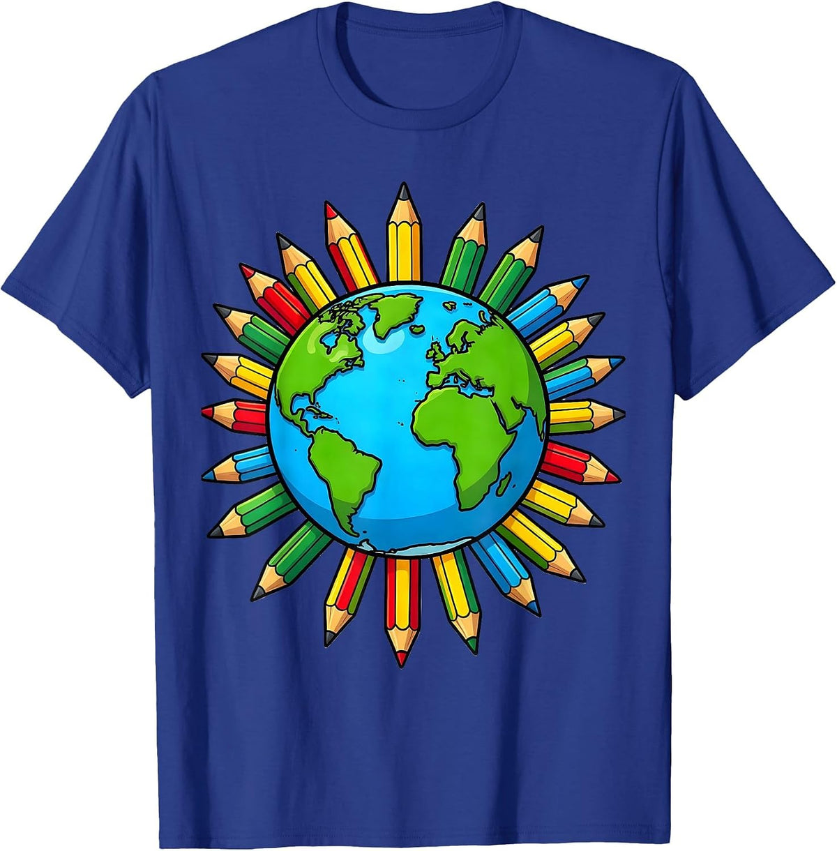 Men's 4th Grade Teacher Globe Colorful Pencils Design T-Shirt - Royal Blue