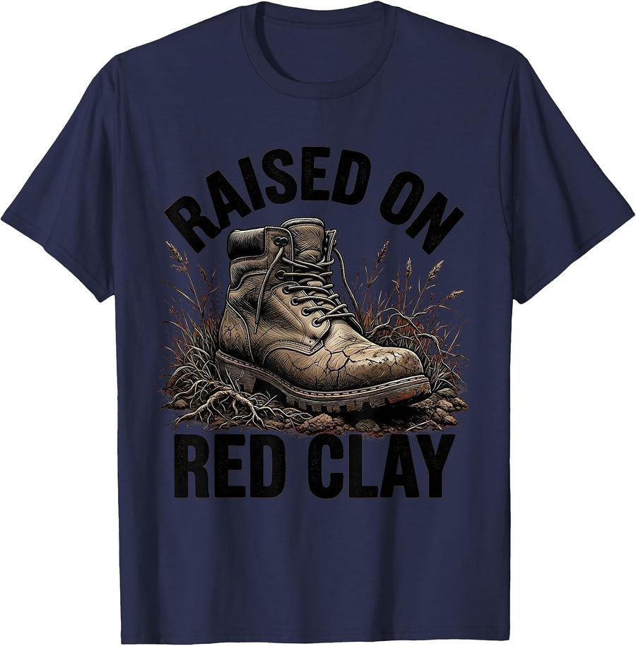 Raised on Red Clay Country Roots Design T-Shirt - Navy Blue