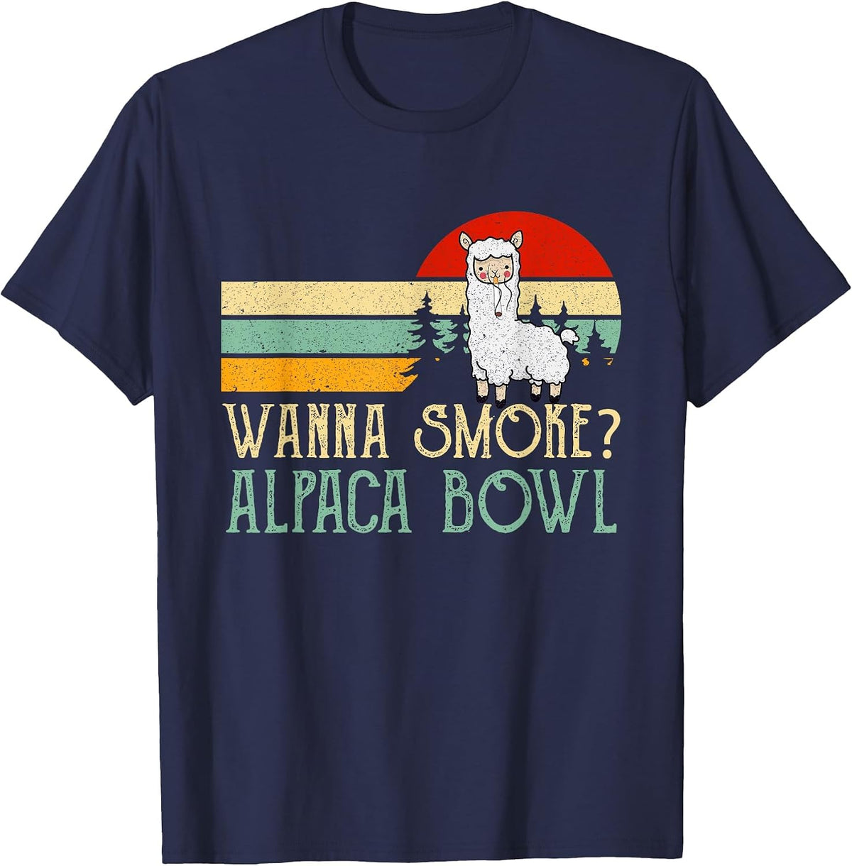 Wanna Smoke Alpaca Bowl Funny Llama Smoking Cannabis Weed T-Shirt - Navy Blue