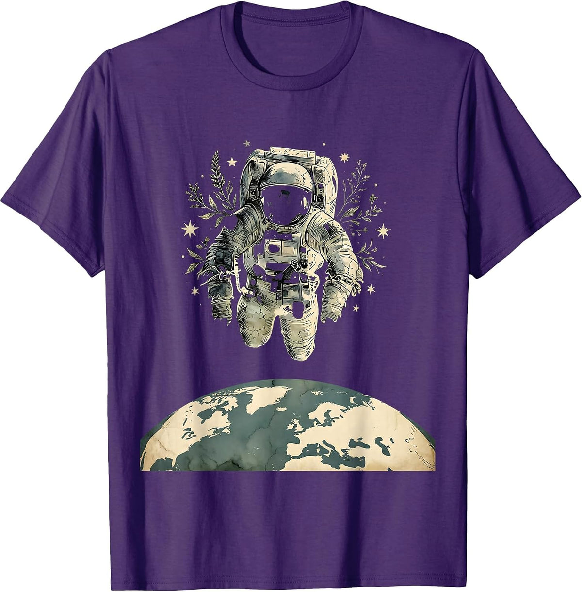 Astronaut Floating Above Earth Space Illustration T-Shirt - Purple