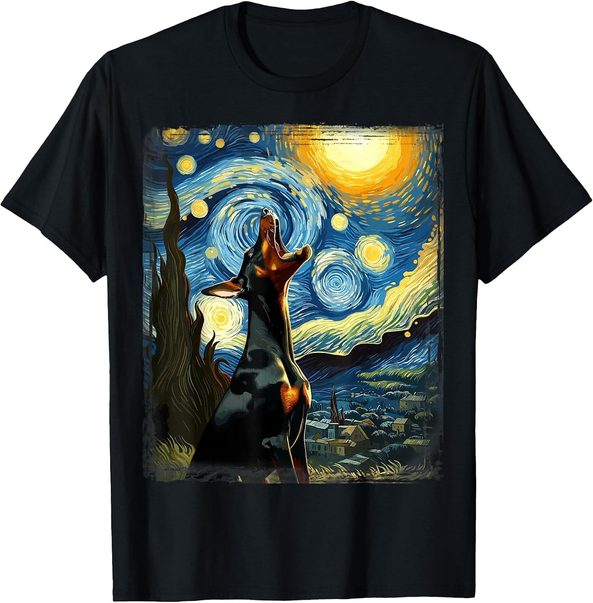Doberman Pinscher Canine Art Van Gogh Starry Night Doberman T-Shirt - Black