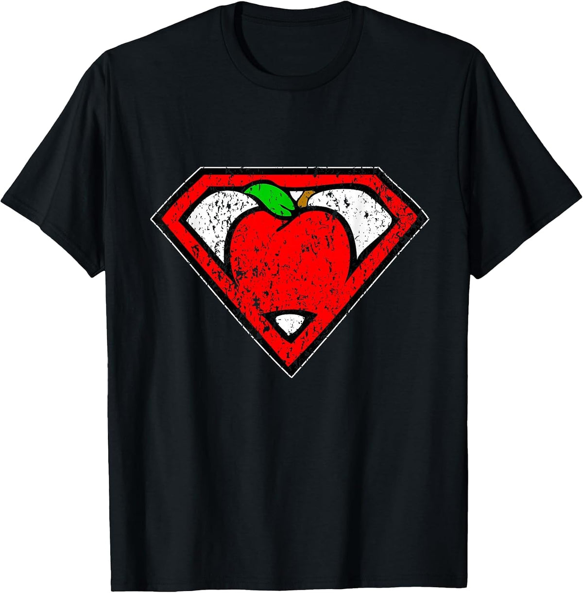 Funny Cute Distressed Super Teacher Superhero Apple Shirt T-Shirt - Black
