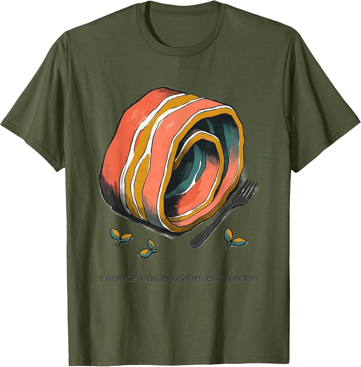 Men's Choose Compassion Eat Bacon Midcentury Modern Carnivore Diet T-Shirt - Olive Green
