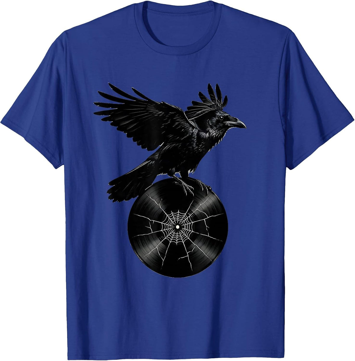 Crow on Cracked Vinyl Record Rock and Roll Art T-Shirt - Royal Blue
