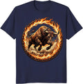 Bull Charging Through Ring of Fire Graphic T-Shirt - Navy Blue