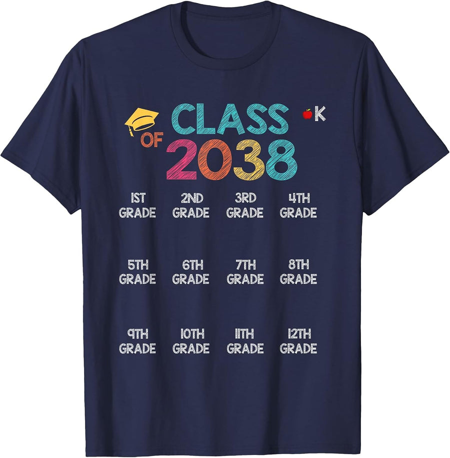 Class of 2038 Grow with Me Shirt Handprint Pre-K 12th Grade T-Shirt - Navy Blue