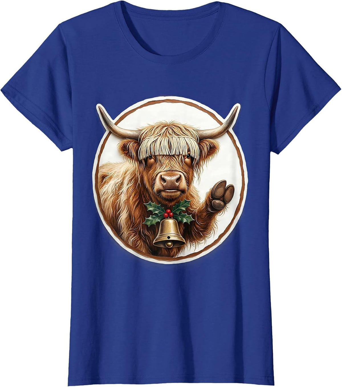 Women's Highland Cow Holiday Storybook Farm Animal Lover T-Shirt - Royal Blue