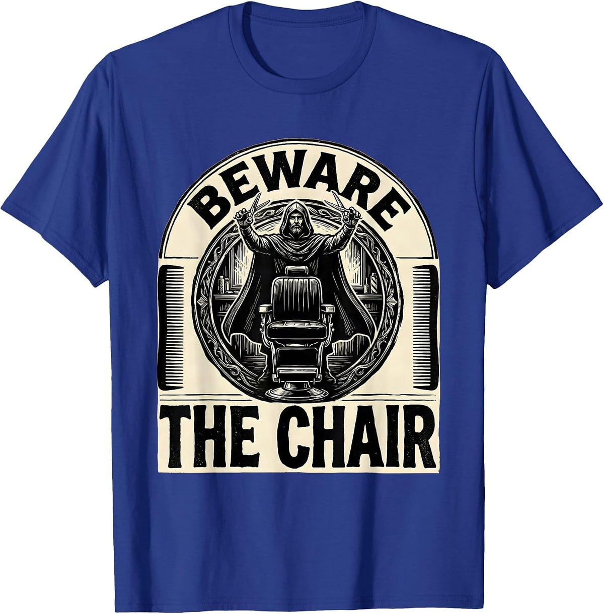 Men's Beware The Chair Linocut Barber Humor Hairdresser Gift T-Shirt - Royal Blue