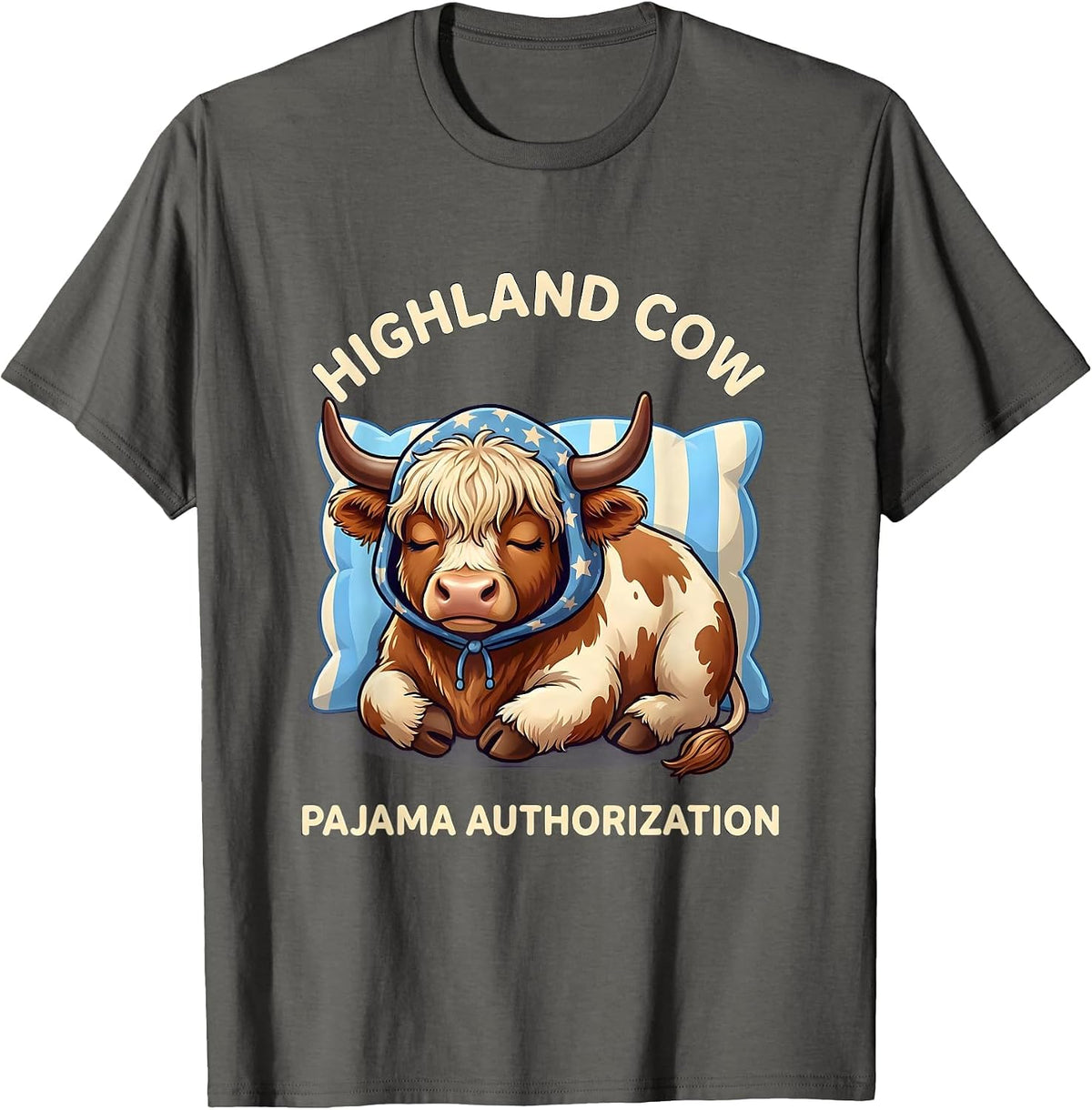 Highland Cow Pajama Authorization Cute Kawaii Bedtime Humor T-Shirt - Asphalt Grey
