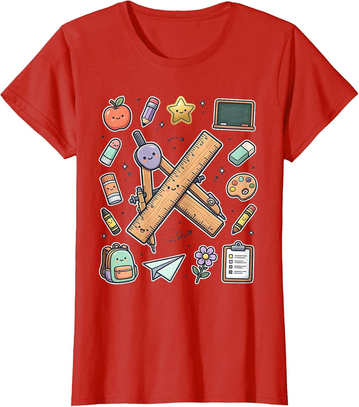 4th Grade Teacher Ruler Compass Crossed Design T-Shirt - Red